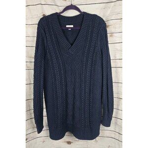 LL Bean Signature Navy Blue Cable Knit Sweater L Pullover Fisherman Tunic Womens